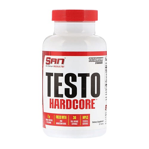 SAN Testo Hardcore 90 Tabs bottle by SAN Nutrition, black container with red and white label, 90 tablets