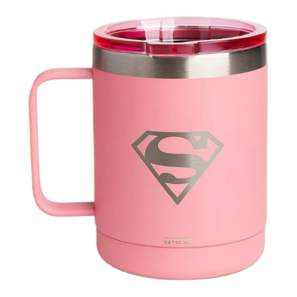 SmartShake Bohtal Insulated Coffee Mug DC Comics Supergirl 350ml, pink stainless steel travel mug with Supergirl logo and clear lid.