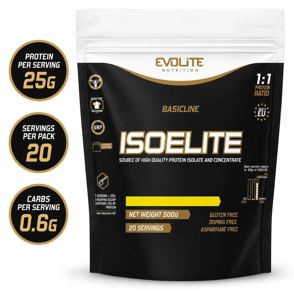 Evolite Nutrition IsoElite 500g whey protein powder in a black and white resealable pouch with 20 servings