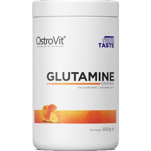 OstroVit Glutamine Orange 500g is a food supplement powder with orange flavour, designed to support muscle recovery and performance, in a white container.