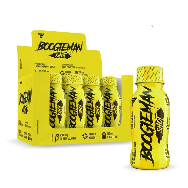Trec Nutrition Boogieman Shot 100ml tropical flavour pre-workout supplement in a yellow bottle, displayed in a retail box with 12 bottles, featuring 2500mg beta-alanine and 200mg caffeine.