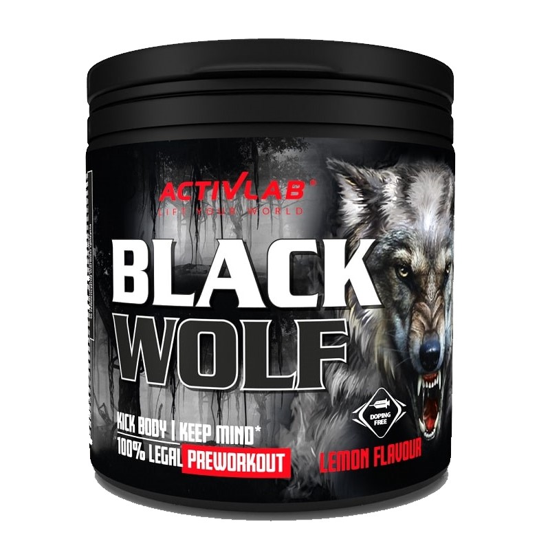 Activlab Black Wolf lemon flavour pre-workout supplement, 300g, featuring a wolf graphic and labeled as doping free and 100% legal preworkout.