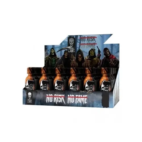 Skull Labs Angel Dust Shot pre-workout supplement, passionfruit flavour, 120ml bottles in a display box, dark-themed packaging with skull logo.