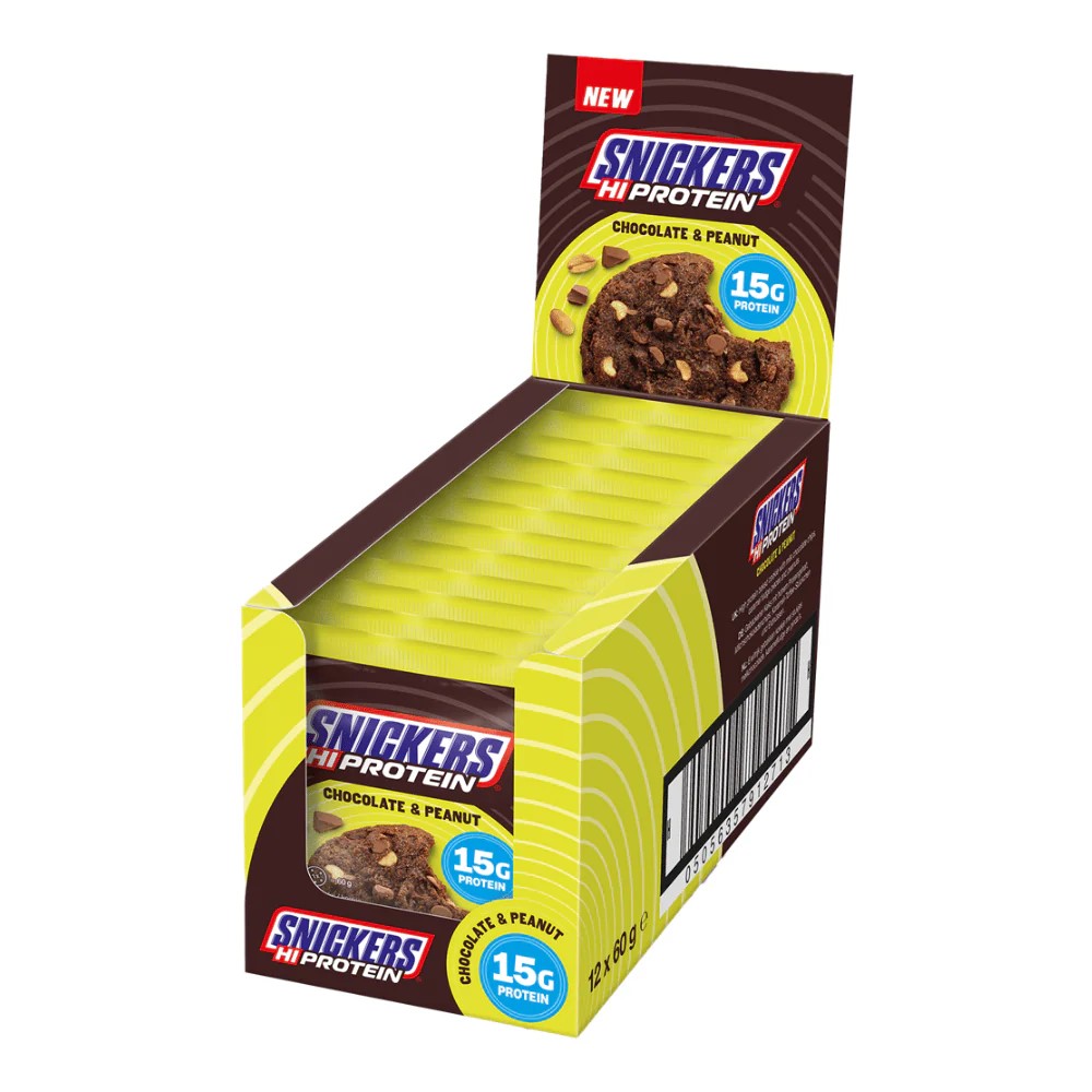 Snickers Hi Protein Cookie chocolate and peanut flavour, 60g protein cookies in a 12 pack, each cookie containing 15g protein, in a yellow and brown box.