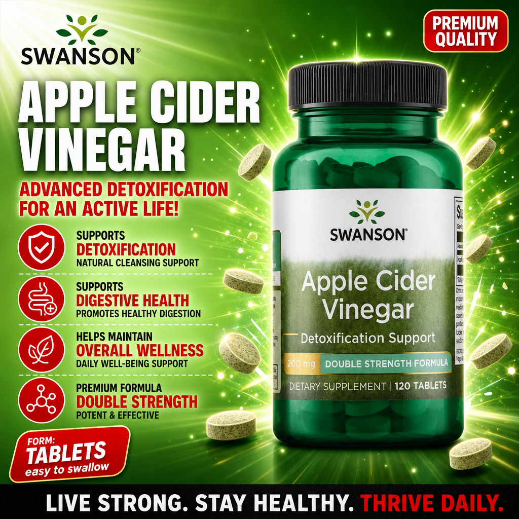 Swanson Apple Cider Vinegar 200mg double strength formula, detoxification support dietary supplement in a green bottle, 120 tablets.