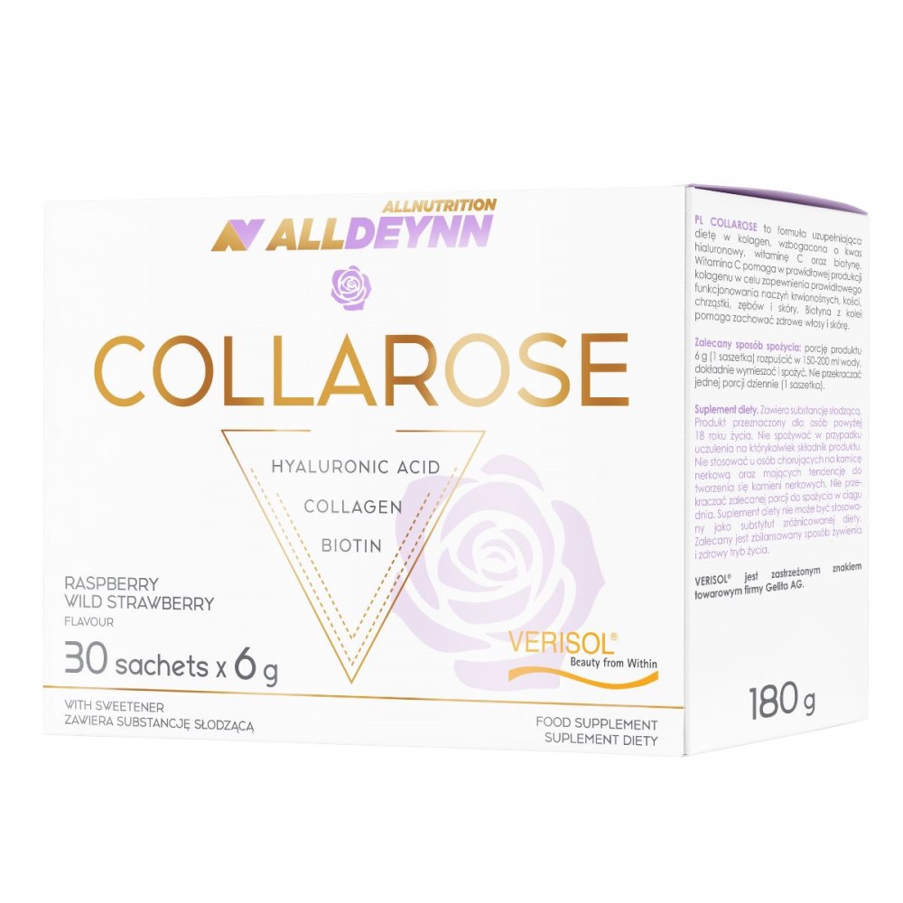 Allnutrition ALLDEYNN Collarose food supplement, 30 sachets of 6g each, raspberry wild strawberry flavour, with hyaluronic acid, collagen, and biotin, in a predominantly white and gold box.