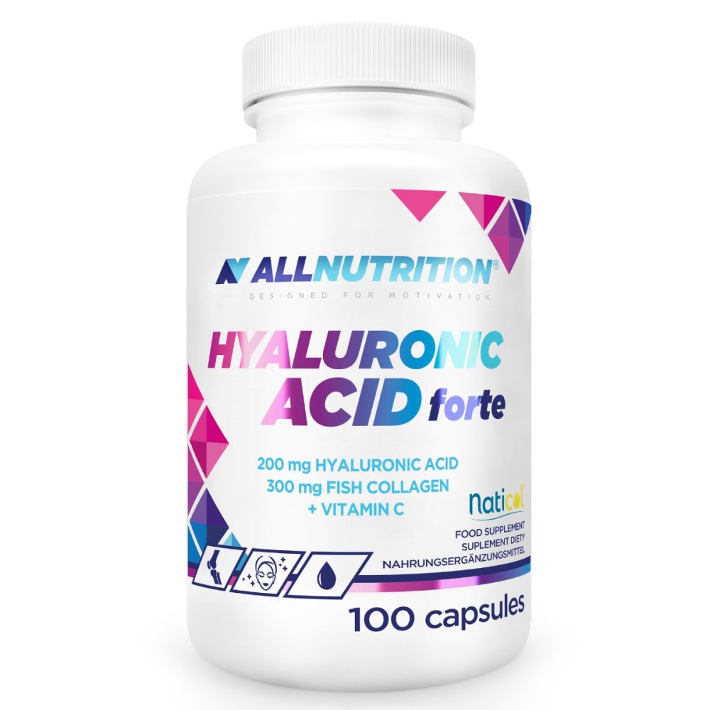 Allnutrition Hyaluronic Acid Forte 100 capsules, a dietary supplement containing 200 mg hyaluronic acid, 300 mg fish collagen, and vitamin C, in a white bottle with colorful geometric accents.