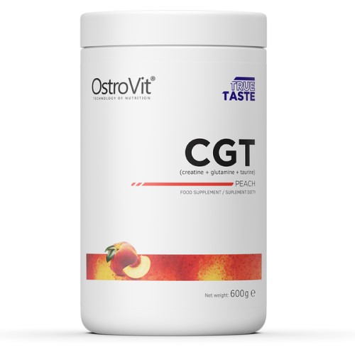 OstroVit CGT 600g Peach is a creatine, glutamine, and taurine supplement in peach flavour, designed for athletes and active individuals. The packaging is predominantly white with a peach graphic.