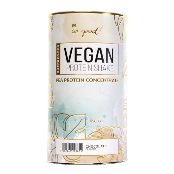 FA So Good! Vegan Protein Shake 450g chocolate flavour, a plant-based pea protein concentrate supplement in a light pastel cylindrical container.