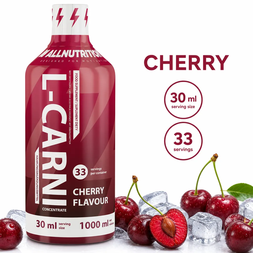 Allnutrition L-Carni Concentrate liquid L-carnitine supplement, cherry flavour, 1000 ml bottle with 30 ml serving size