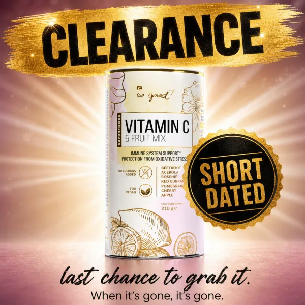 FA So Good! Vitamin C & Fruit Mix 210g dietary supplement with beetroot, acerola, rosehip, red currant, pomegranate, cherry, and apple, suitable for vegans.