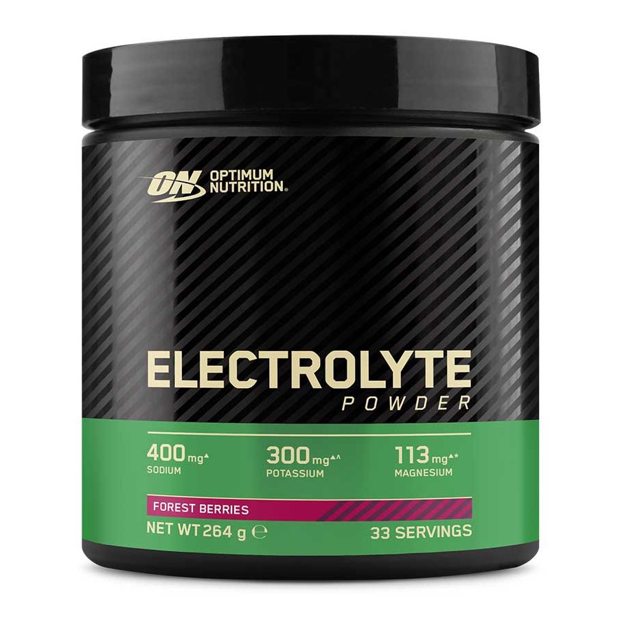 Optimum Nutrition Electrolyte Powder 264g Forest Berries, a dietary supplement with sodium, potassium, and magnesium for hydration support, in a black and green tub.
