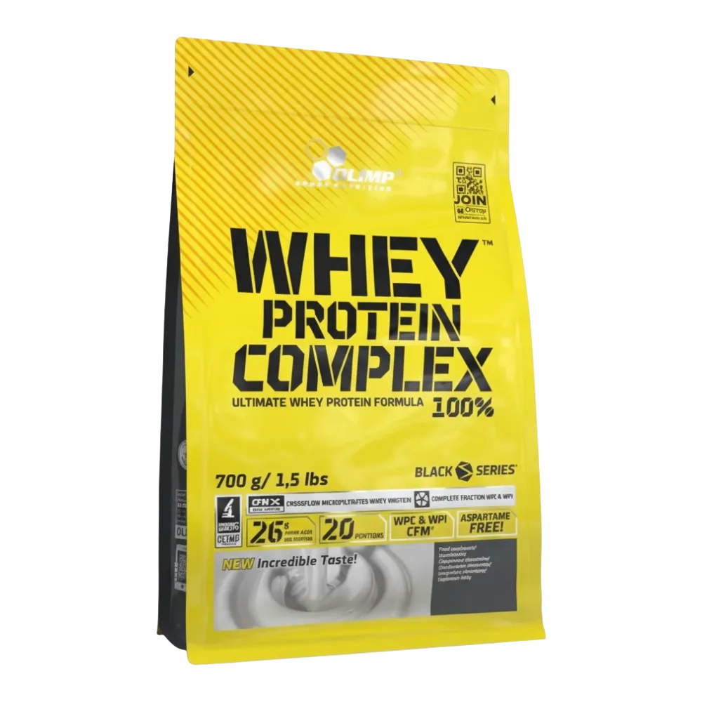Olimp Nutrition Protein Complex 100% whey protein powder, 700 g pouch with bright yellow packaging and a whey concentrate and isolate blend.