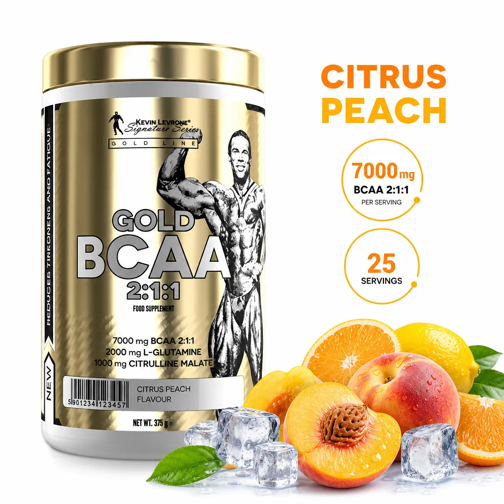 Kevin Levrone Gold BCAA 2:1:1 375g citrus peach flavoured BCAA powder supplement in a gold tub
