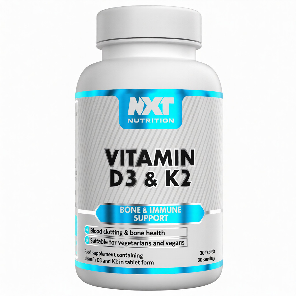 NXT Nutrition Vitamin D3 & K2 30 Tabs bottle, white container with branded label and supplement details