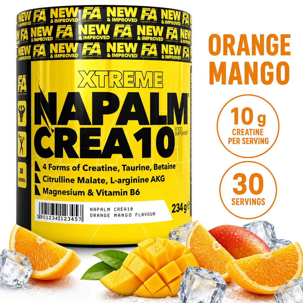 FA Nutrition Napalm Crea10 orange mango creatine powder, 234g tub with 30 servings and 10g creatine per serving.