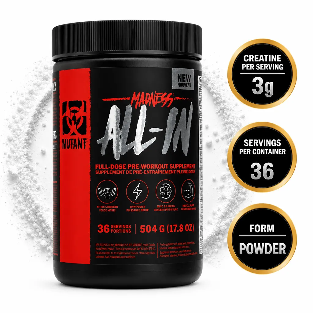 Mutant Madness All-In pre-workout supplement powder, 36 servings and 504g container with 3g creatine per serving