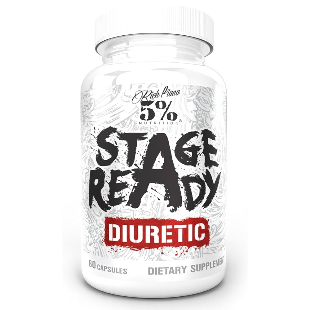 5% Nutrition Stage Ready Diuretic, a dietary supplement in capsule form with 60 capsules per bottle, designed for water loss support. The bottle is predominantly white with bold black and red text.