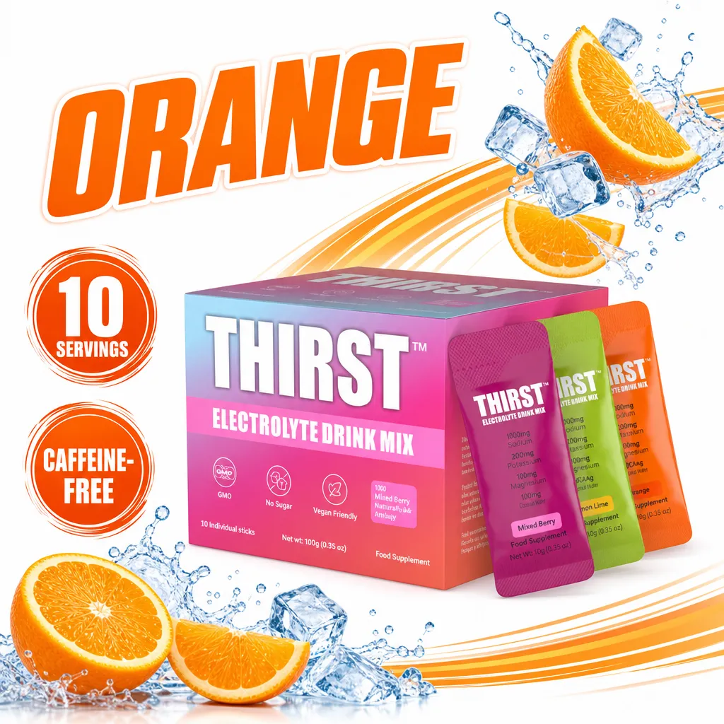 Thirst Electrolytes 6g x10 orange electrolyte drink mix with 10 single-serve sachets in a colourful box