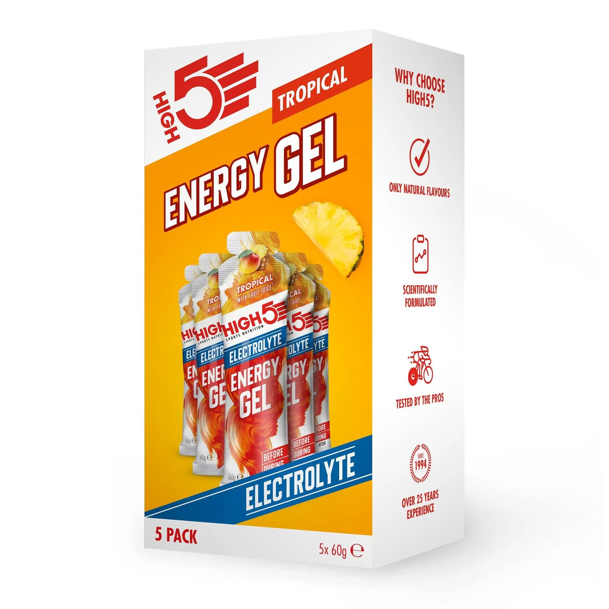 High5 Sports Nutrition Energy Gel Electrolyte Tropical 60g x10, a tropical-flavoured energy gel with electrolytes for hydration and endurance, shown in a bright orange box with sachets and pineapple imagery.