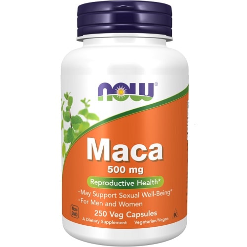 NOW Maca 500 mg 250 Veg Capsules dietary supplement for reproductive health, suitable for vegetarians and vegans, in an orange and white bottle.
