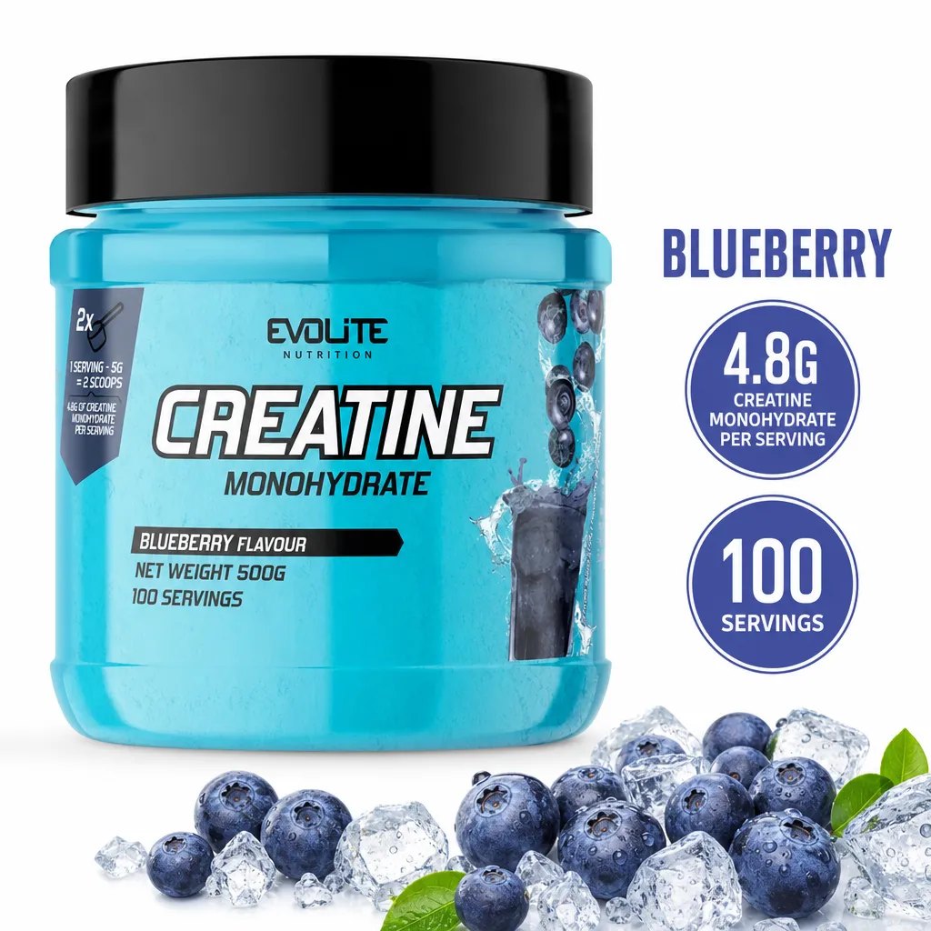 Evolite Nutrition Creatine Monohydrate 500g blueberry-flavour powder with 4.8g creatine per serving and 100 servings.
