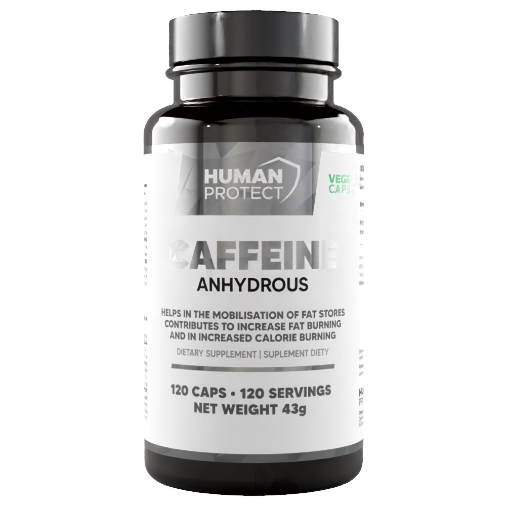 Human Protect Caffeine Anhydrous 120 vege caps dietary supplement, designed to support fat mobilization and calorie burning, in a black and white bottle.
