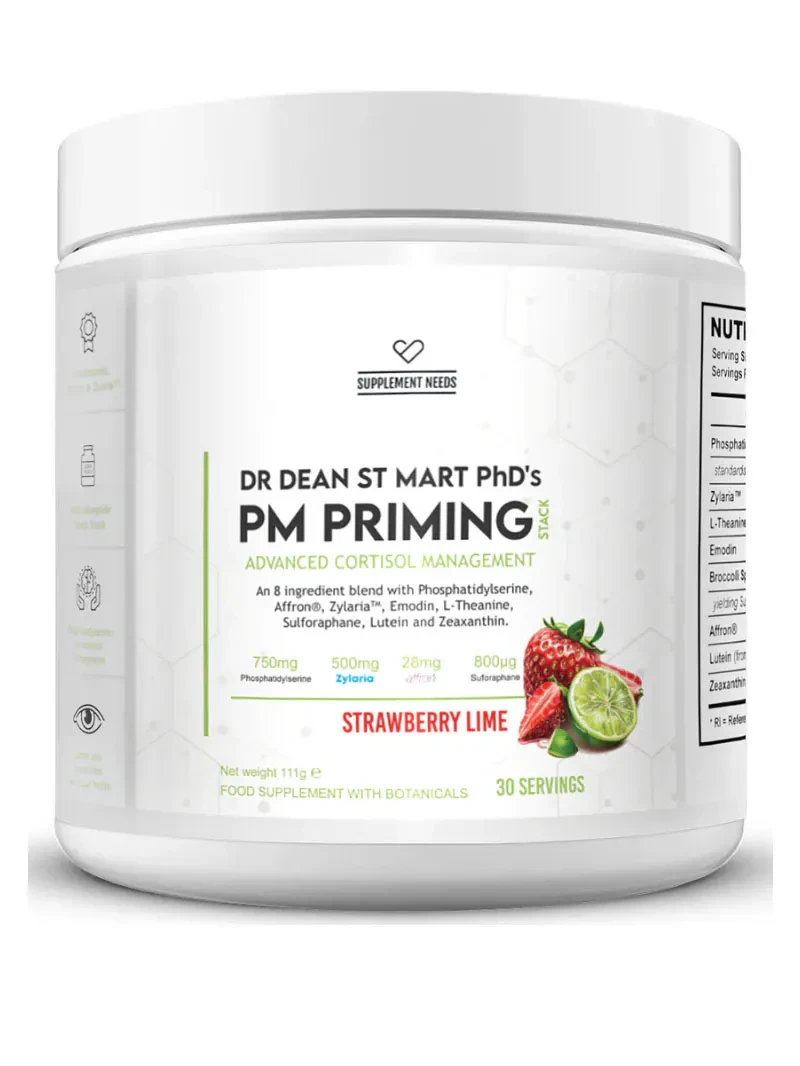 Supplement Needs PM Priming Stack 111g Strawberry Lime is a vegan, Halal-certified relaxation support powder with phosphatidylserine, saffron, and botanicals.
