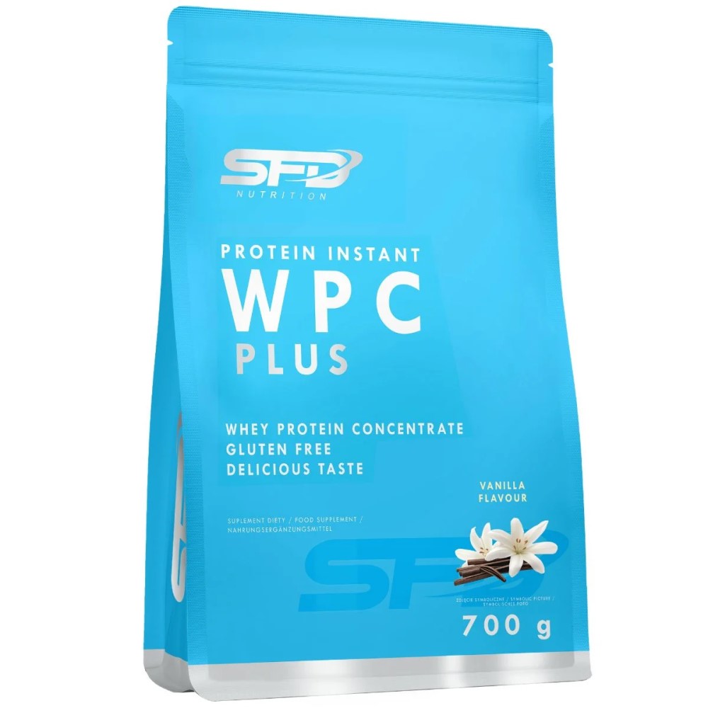 SFD WPC Protein Plus 700g whey protein powder in a resealable pouch, labeled with product details and branding.