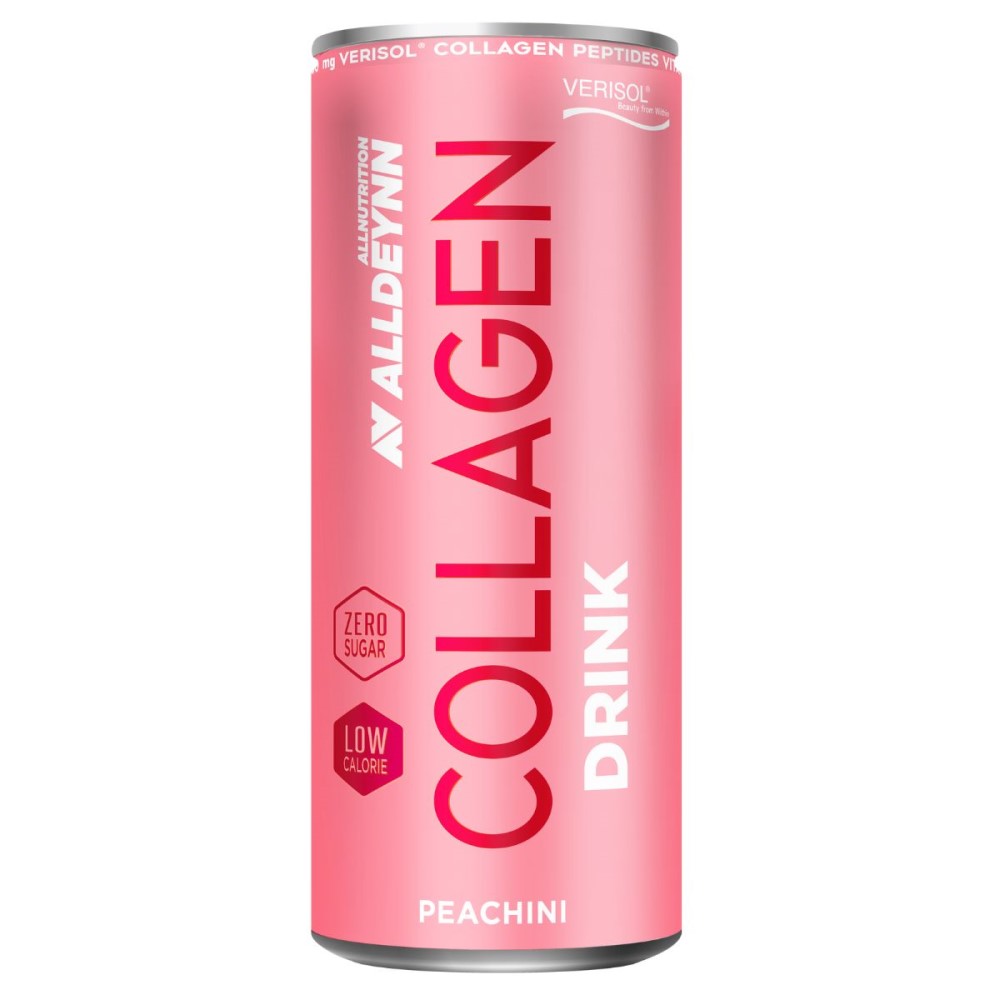 ALLDEYNN Collagen Drink Peachini is a zero sugar, low calorie collagen peptide beverage in a pink can, peachini flavour.