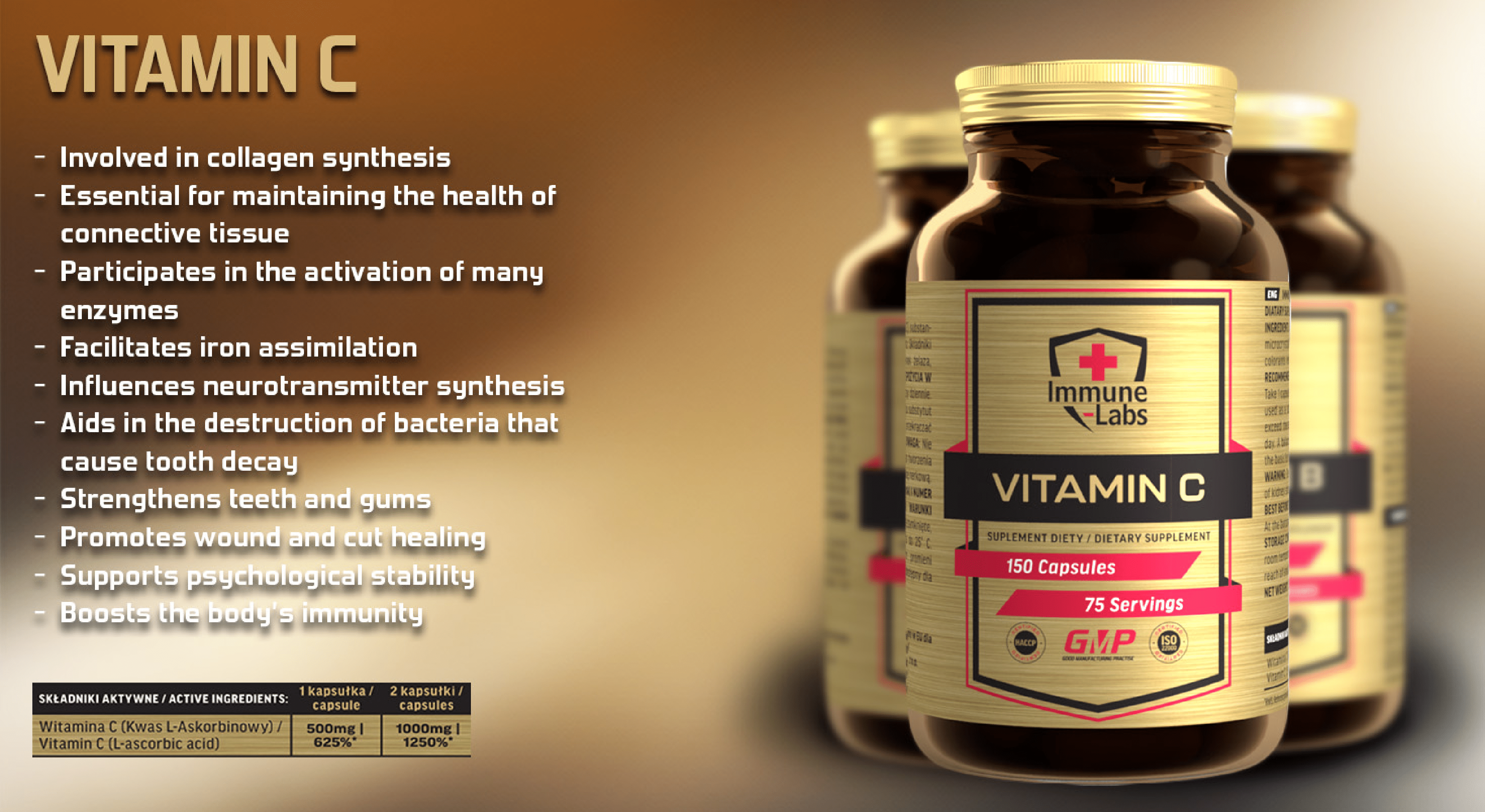 Immune Labs Vitamin C dietary supplement, 150 capsules per bottle, providing 500mg vitamin C per capsule, in a brown bottle with gold and black label.