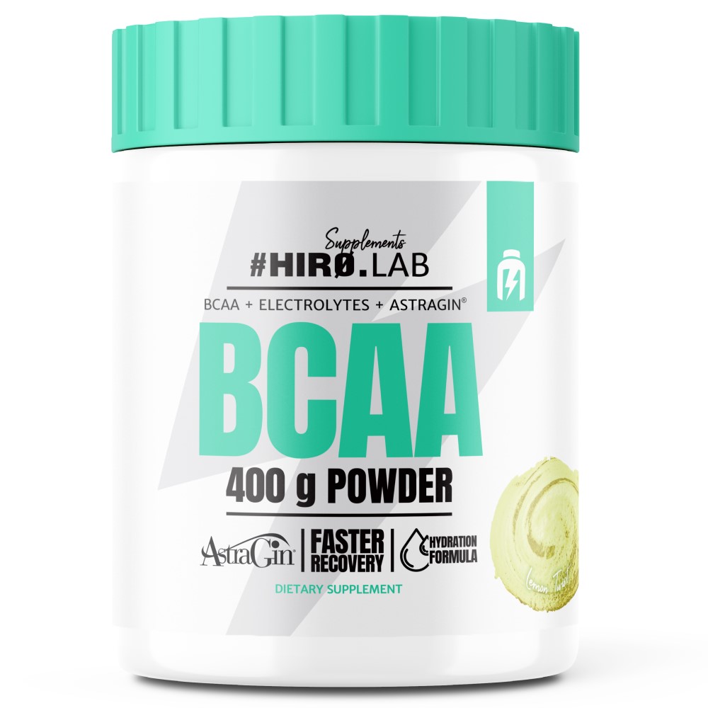 Hiro Lab BCAA 400g Powder lemon-flavour dietary supplement with electrolytes and AstraGin, designed for faster recovery and hydration support.