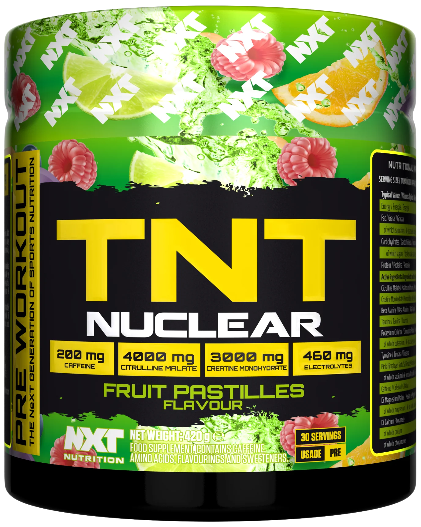 Close-up of NXT Nutrition TNT Nuclear 420g tub, highlighting the lid and label details.