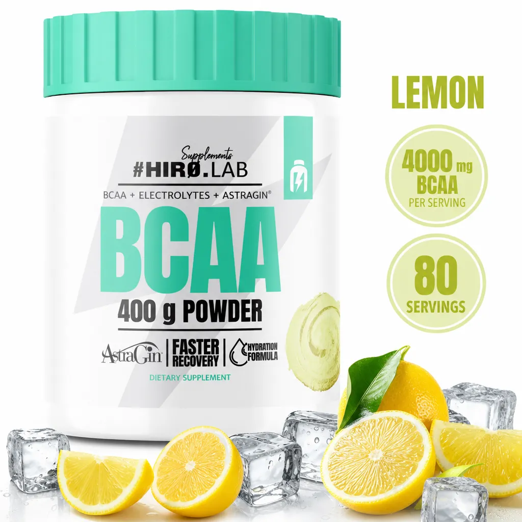 Hiro Lab BCAA Powder Instant lemon-flavoured 400 g supplement with electrolytes and AstraGin in powder form
