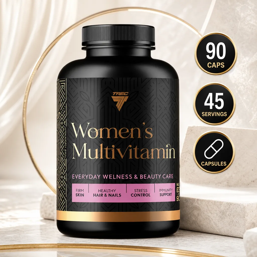 Trec Women's Multivitamin 90 Caps in a black capsule bottle, with women's wellness and beauty care formula for skin, hair and nails