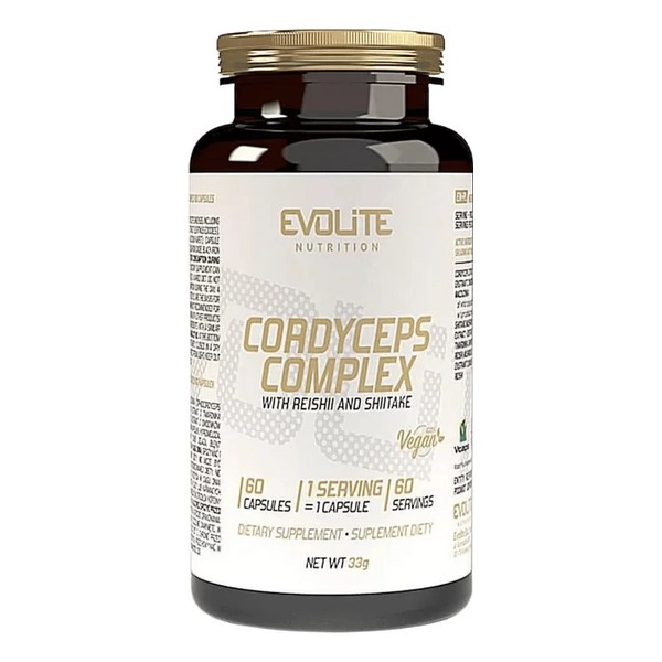 Evolite Cordyceps Complex 60 capsules, a vegan dietary supplement with cordyceps, reishi, and shiitake mushrooms, in a dark amber bottle with gold and white label.