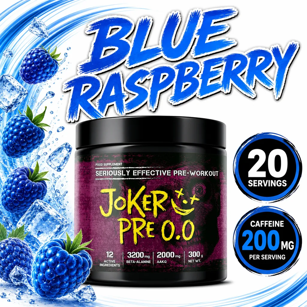 Joker Nutrition Joker Pre-Workout 0.0 blue raspberry pre-workout powder, 300g tub with 20 servings and 200mg caffeine per serving.
