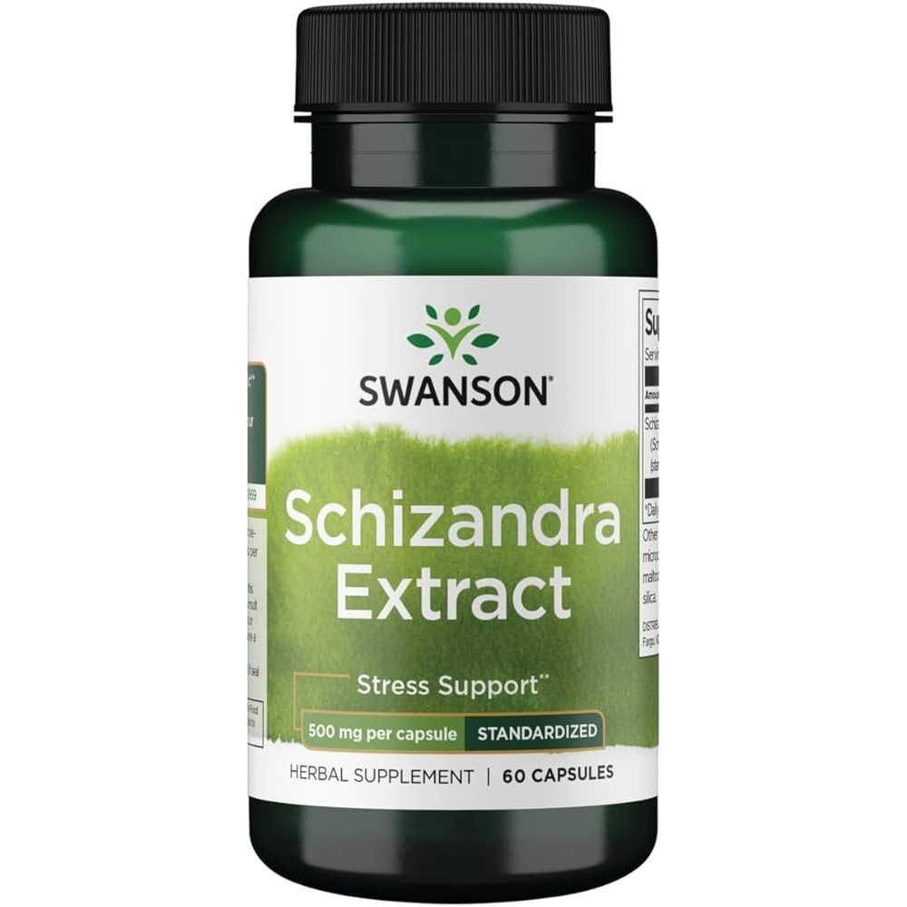 Close-up of Swanson Schizandra Extract capsules, standard size gelatin capsules with light color