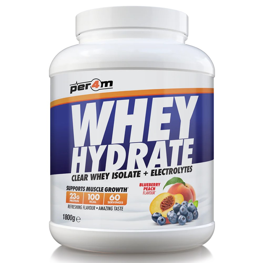 Per4m Whey Hydrate 1800g clear whey protein powder in a large tub, typically with branded label and serving details
