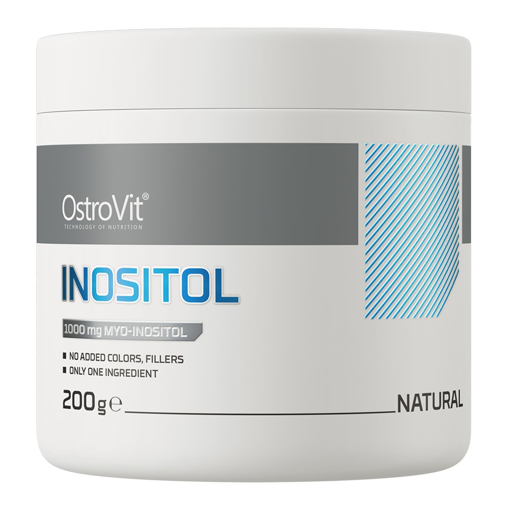 OstroVit Inositol 200g natural myo-inositol powder supplement with no added colors or fillers, in a white container with blue and grey accents.