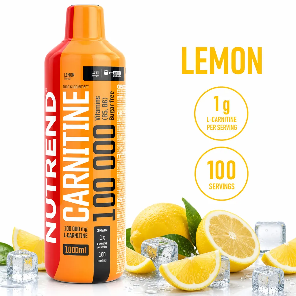 Nutrend Carnitine 100000 lemon liquid L-carnitine supplement, 1000ml, with vitamins B5 and B6, 1g per serving and 100 servings.