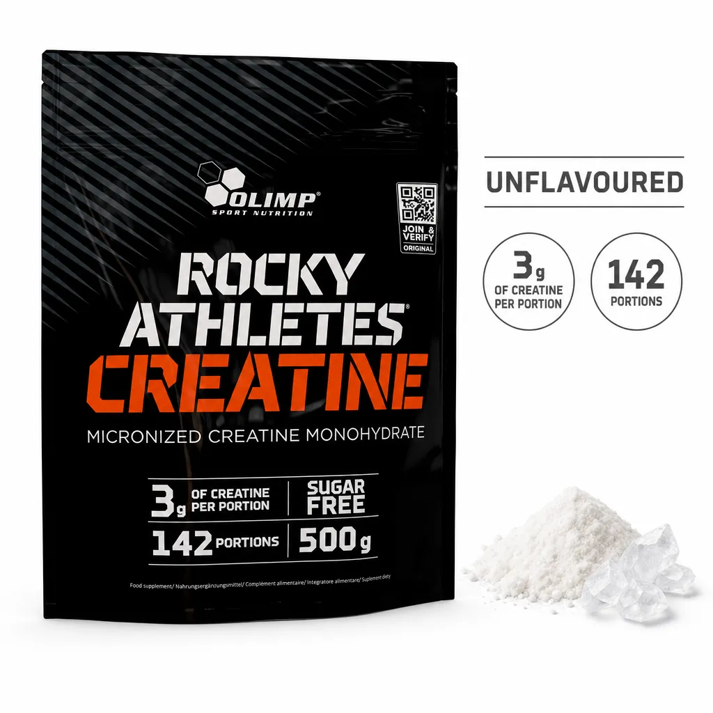 Olimp Rocky Athletes Creatine, unflavoured micronized creatine monohydrate powder in a 500g pouch with 142 portions.