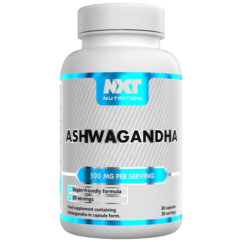 NXT Nutrition Ashwagandha 30 Caps bottle, white container with green and black label, 30 vegan capsules