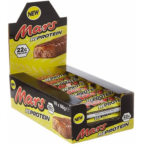 Mars Hi Protein Bar with 22g protein, chocolate protein snack bar in a yellow and black multipack display box, individually wrapped bars visible.