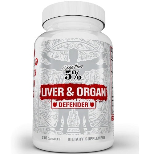 5% Nutrition Liver & Organ Defender dietary supplement, 270 capsules, designed for liver and organ health support, in a white bottle with red and black accents.