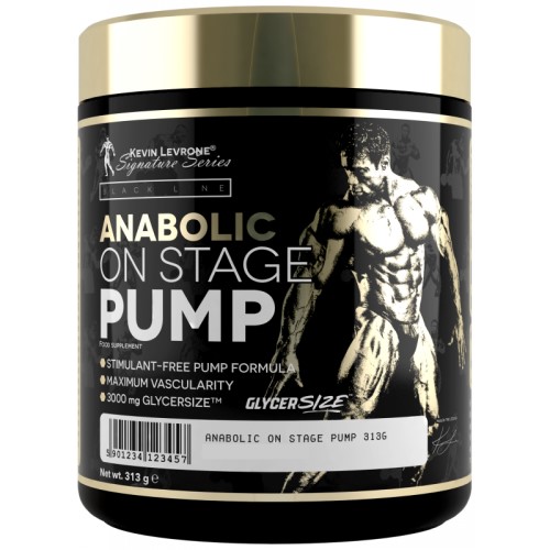 Kevin Levrone Anabolic On Stage Pump 313g stimulant-free pump formula supplement with GlycerSize, designed for maximum vascularity, in a black and gold tub.