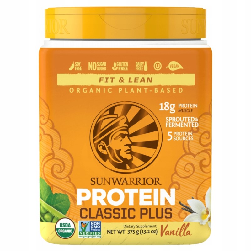 Sunwarrior Protein Classic Plus Vanilla 375g organic plant-based protein powder, vanilla flavour, USDA organic, non-GMO, vegan, yellow container.