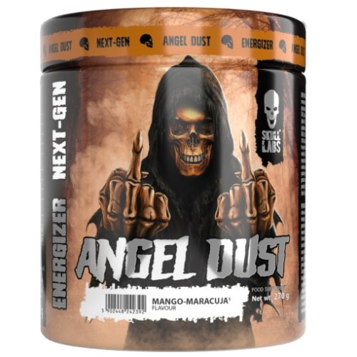 Skull Labs Angel Dust 270g Mango-Maracuja flavour pre-workout supplement with a grim reaper illustration on the label, designed for energy and performance.