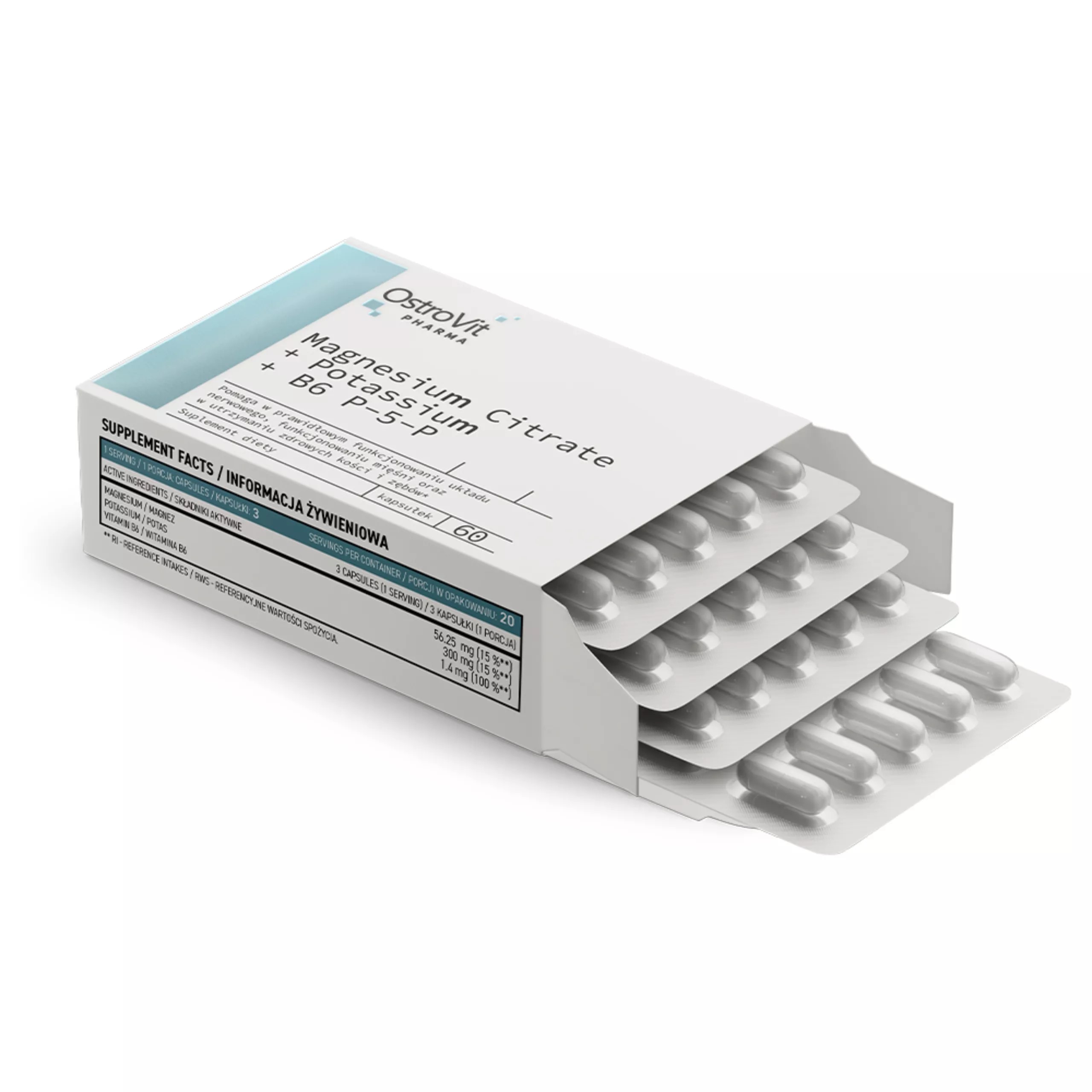 OstroVit Pharma Magnesium Citrate + B6 P-5-P dietary supplement, 60 capsules, white and teal packaging, magnesium and vitamin B6 complex in capsule form.