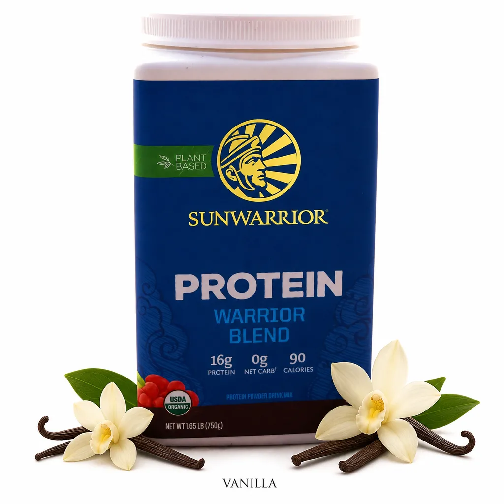 Sunwarrior Protein Warrior Blend Organic 750g vanilla plant-based protein powder, featuring 16g protein per serving, USDA organic, vegan, and allergen-friendly.